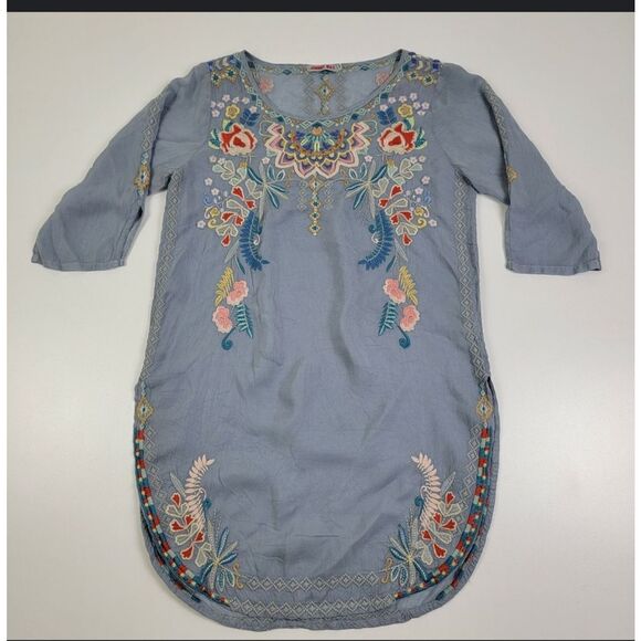 Johnny Was Embroidered Tunic Top/ Mini Dress Size Small– Light Blue 3/4 Sleeve B - Picture 2 of 16